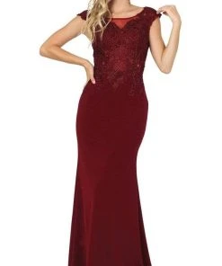 Dancing Queen - Cap Sleeves Embroidered Trumpet Gown 2920 - 1 Pc Burgundy In Size M Available