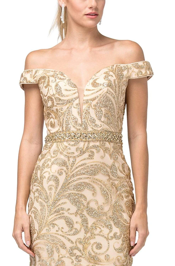 Dancing Queen - Embellished Deep Off-Shoulder Sheath Dress 3218 - 1 Pc Gold In Size S Available 5 Dancing Queen - Embellished Deep Off-Shoulder Sheath Dress 3218 - 1 Pc Gold In Size S Available
