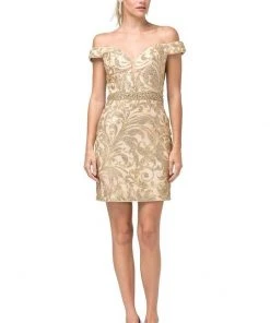 Dancing Queen - Embellished Deep Off-Shoulder Sheath Dress 3218 - 1 Pc Gold In Size S Available 10 Dancing Queen - Embellished Deep Off-Shoulder Sheath Dress 3218 - 1 Pc Gold In Size S Available