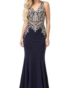 Dancing Queen - Embellished V-Neck Fitted Long Gown 2496 - 1 Pc Navy In Size S Available Formal Gowns