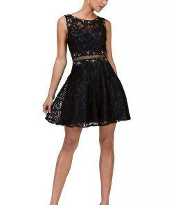 Dancing Queen Illusion Midriff Jeweled Lace A-Line Dress - 1 Pc Black In Size S Available