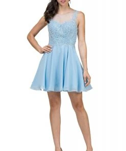 Cocktail Dresses Dancing Queen Jeweled Illusion Lace A-Line Dress - 1 Pc Sky Blue In Size M Available
