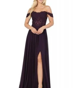 Dancing Queen - Off Shoulder Lace Gown With Lace 2933 - 1 Pc Plum In Size XS Available
