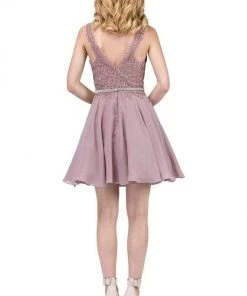 Dancing Queen - Plunging V-Neck Lace Bodice Homecoming Dress 3011 - 2 Pcs Burgundy In Size S And XL Available Cocktail Dresses