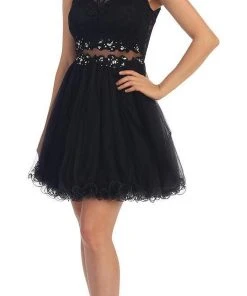 Dancing Queen Sleeveless Lace Illusion Tulle Short Prom Dress 9080 Cocktail Dresses