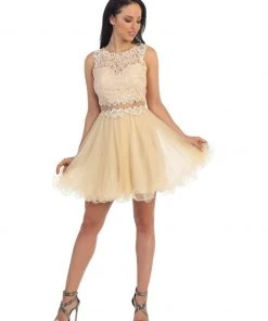 Dancing Queen Sleeveless Lace Illusion Tulle Short Prom Dress 9080 Cocktail Dresses