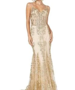 Formal Gowns Dancing Queen - Spaghetti Straps Sequin Long Gown 4118 - 2 Pcs Gold In Sizes Small And Medium Available