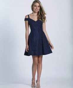 Cocktail Dresses Dave & Johnny Glittering Off Shoulder A-Line Dress 3398 - 1 Pc Navy Blue In Size 2 Available