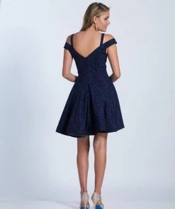 Cocktail Dresses Dave & Johnny Glittering Off Shoulder A-Line Dress 3398 - 1 Pc Navy Blue In Size 2 Available