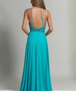 Dave & Johnny - Halter Cutout Draped A-Line Gown 2143