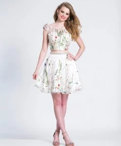 Cocktail Dresses Dave & Johnny - Two Piece Floral Embroidered A-line Dress 3982 - 1 Pc Ivory In Size 16 Available