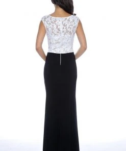 Decode 1.8 - 182909 Lace Bateau Neck Ruffled Gown In White/Black Formal Gowns