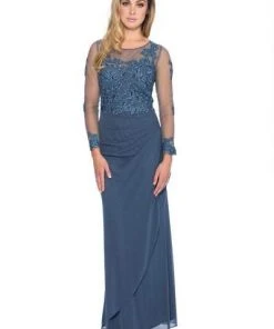 Formal Gowns Decode 1.8 - Jersey Knit Dress With Floral Lace Applique 183577 - 1 Pc Slate In Size 2 Available