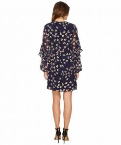 Cocktail Dresses Donna Morgan - D5513M Ruffle Long Sleeves Printed Chiffon Shift Dress