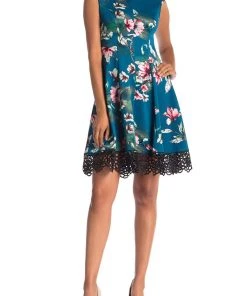 Donna Ricco - DR50916 Floral Printed Bateau Scuba A-line Dress Cocktail Dresses