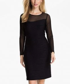 Cocktail Dresses Donna Ricco - Illusion Sleeve Textured Dress 8438320M - 1 Pc Black In Size 4 Available