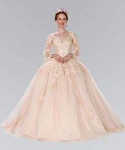Elizabeth K Bridal Floral Lace Illusion V-Neck Ballgown GL2377