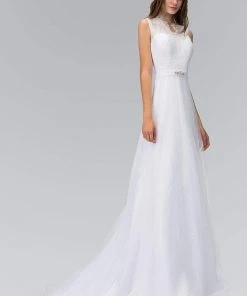 Formal Gowns Elizabeth K Bridal - GL1416 Sleeveless Fringed Lace Bodice A-Line Wedding Gown