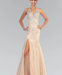 Elizabeth K - GL1043 V-Neck Long Dress With Slit Formal Gowns