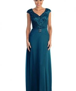 Formal Gowns Elizabeth K - GL1048 Beaded Cap Sleeve V-neck A-line Dress