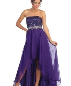 Elizabeth K - GL1060 Sequined Strapless Chiffon High-Low Gown Formal Gowns
