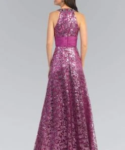 Formal Gowns Elizabeth K - GL1064 Metallic Lace Halter A-Line Gown 6 Formal Gowns Elizabeth K - GL1064 Metallic Lace Halter A-Line Gown