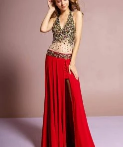 Elizabeth K - GL1070 Jeweled Halter Neck Jersey Trumpet Dress Formal Gowns