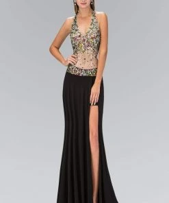 Elizabeth K - GL1070 Jeweled Halter Neck Jersey Trumpet Dress Formal Gowns