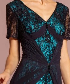 Elizabeth K - GL1081 Lace Embellished Short Sleeve V-neck Dress