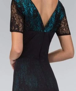 Elizabeth K - GL1081 Lace Embellished Short Sleeve V-neck Dress