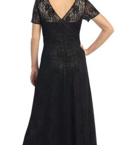 Elizabeth K - GL1081 Lace Embellished Short Sleeve V-neck Dress
