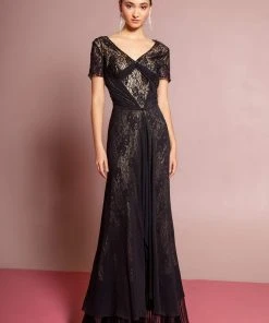 Elizabeth K - GL1081 Lace Embellished Short Sleeve V-neck Dress