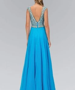 Elizabeth K - GL1130 Bejeweled Cap Sleeve Ruched V-Neck Dress