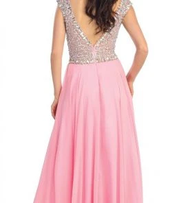 Elizabeth K - GL1130 Bejeweled Cap Sleeve Ruched V-Neck Dress