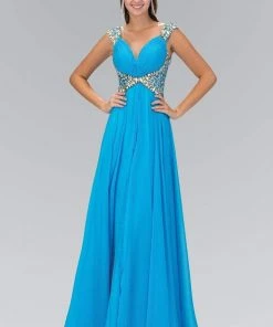 Elizabeth K - GL1130 Bejeweled Cap Sleeve Ruched V-Neck Dress