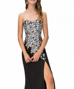Formal Gowns Elizabeth K - GL1144 Strapless Floral Long Dress With Slit