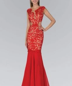 Elizabeth K - GL1152 Laced Bateau Neck Chiffon Trumpet Gown 8 Elizabeth K - GL1152 Laced Bateau Neck Chiffon Trumpet Gown