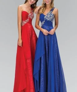 Elizabeth K - GL1154 Asymmetrical Ruched Ornate Gown Formal Gowns