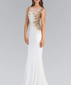 Elizabeth K - GL1306 Bead Embellished Boat Neck Jersey Gown Formal Gowns