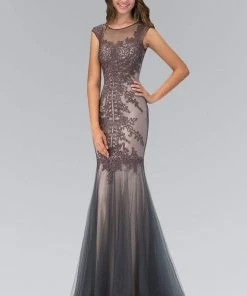 Formal Gowns Elizabeth K - GL1309 Embroidered Illusion Bateau Neck Trumpet Gown