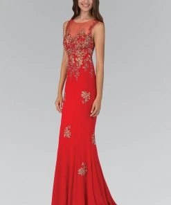 Elizabeth K - GL1314 Beaded Illusion Bateau Neck Trumpet Gown Formal Gowns