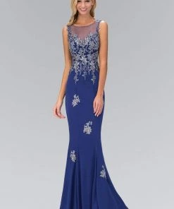 Elizabeth K - GL1314 Beaded Illusion Bateau Neck Trumpet Gown Formal Gowns