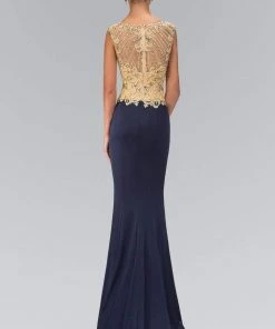 Elizabeth K - GL1340 Bejeweled Lace Applique Scoop Neckline Gown Formal Gowns