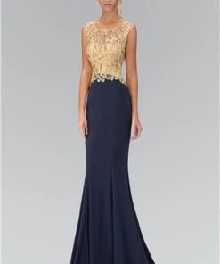 Elizabeth K - GL1340 Bejeweled Lace Applique Scoop Neckline Gown Formal Gowns