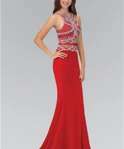 Elizabeth K - GL1362 Beaded Bateau Neckline With Sheer Waist Jersey Gown Formal Gowns