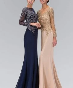 Elizabeth K - GL1368 Laced Bateau Neck Long Sleeve Dress Formal Gowns