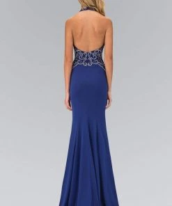 Elizabeth K - GL1373 Jewel-Accented Halter Neck Jersey Gown
