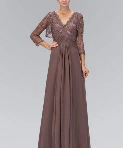 Elizabeth K - GL1397 Lace V-Neck A-Line Gown With Bolero Formal Gowns