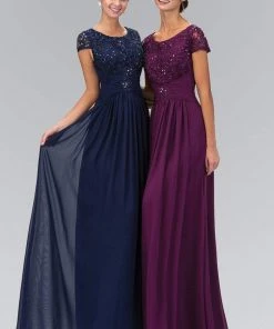 Elizabeth K - GL1398 Embellished Cap Sleeve Scoop Neck Dress Formal Gowns