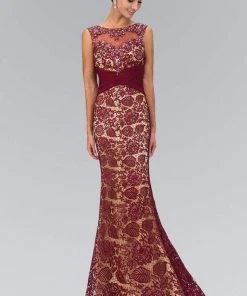 Elizabeth K GL1415 Bejeweled Fitted Illusion Trumpet Gown - 1 Pc Burgundy In Size XL Available Formal Gowns